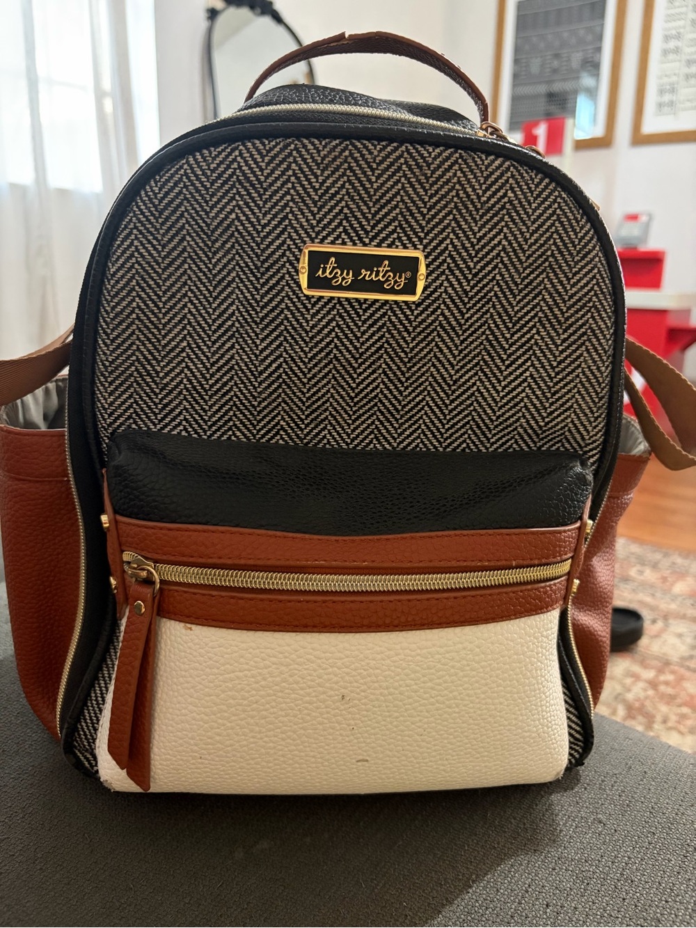 Itzy Ritzy Black, Brown & Cream Herringbone Mini Backpack